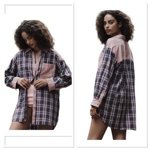 By Anthropologie Womens Boyfriend Button Down Plaid 100% Cotton Size S Oversized